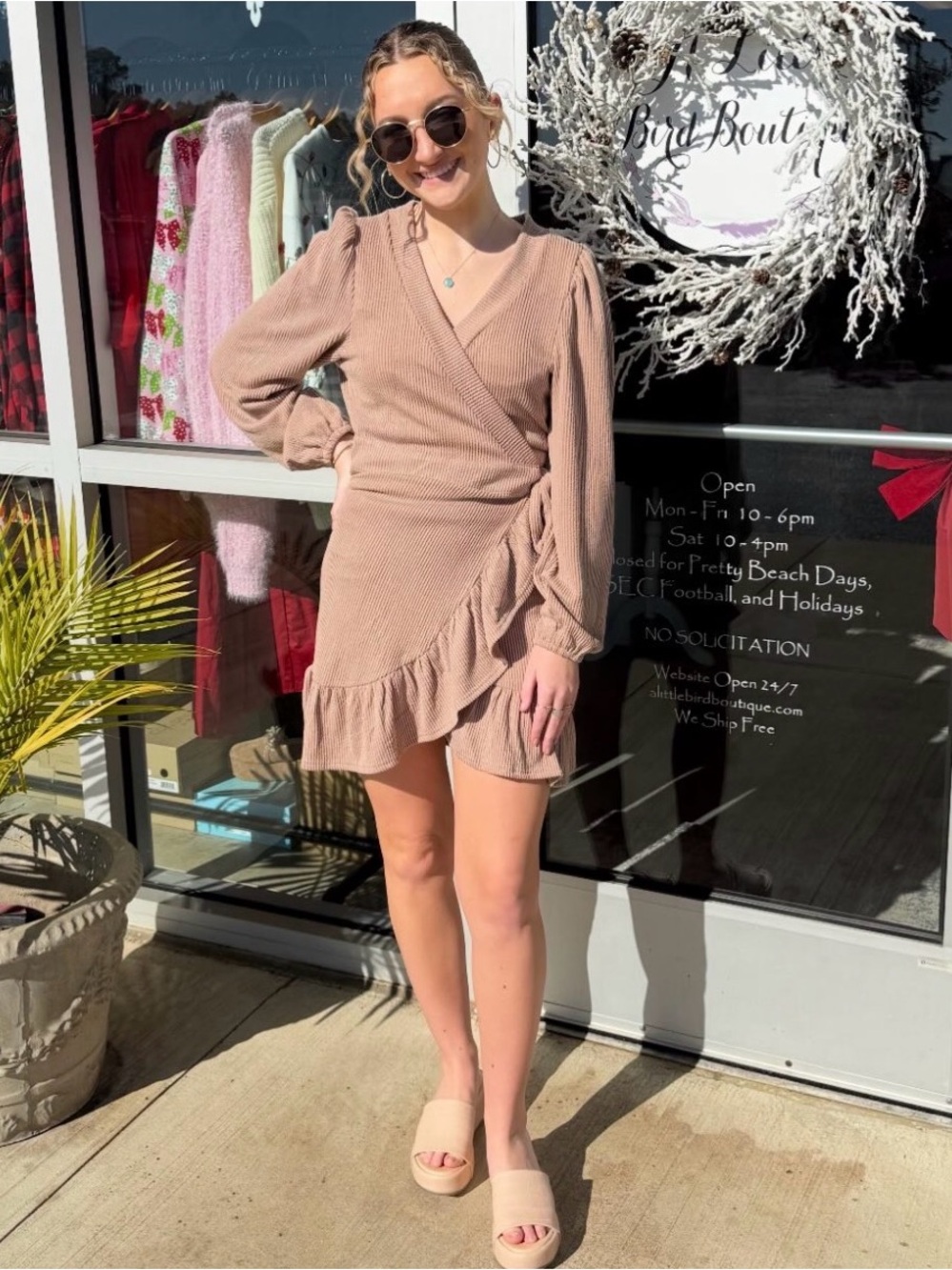 Simply Southern Taupe Ribbed Tie-Front Ruffle Dress - Picture 5 of 5